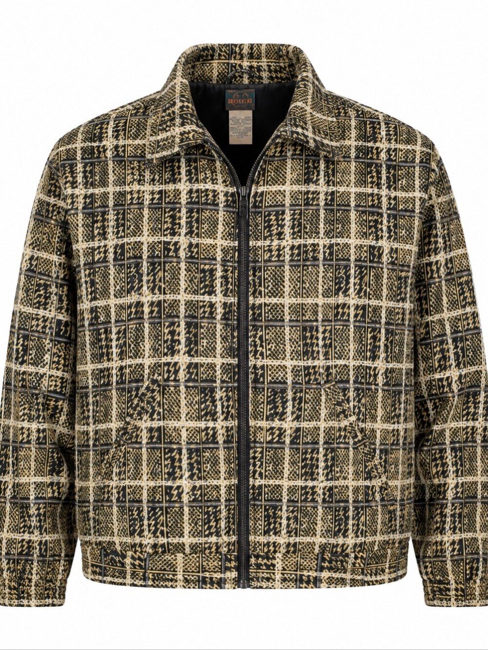 Out Brook Vtge 80s 100% Silk Black Beige Geometric Bomber Jacket Windbreaker L